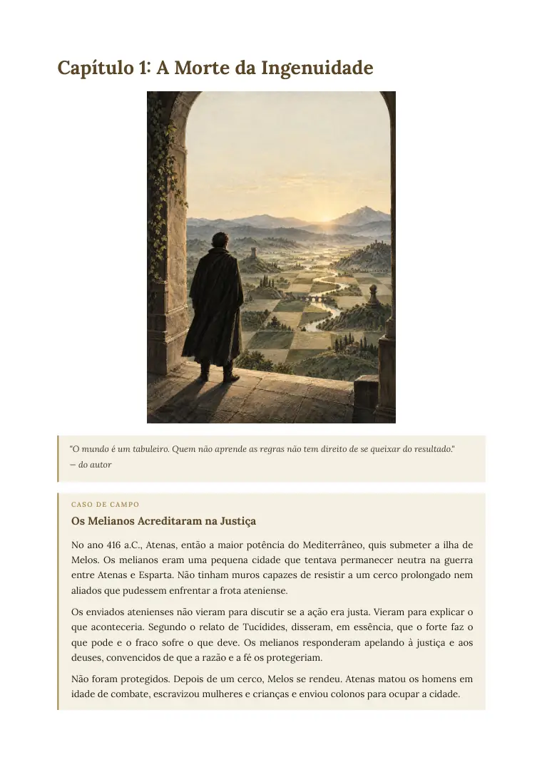 Abertura do capítulo 1, A Morte da Ingenuidade, com ilustração e caso de campo