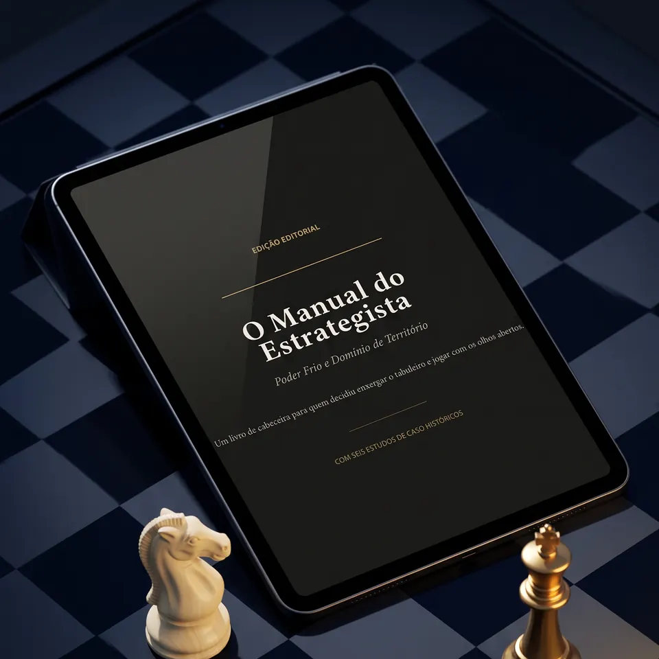 Tablet com O Manual do Estrategista sobre um tabuleiro de xadrez